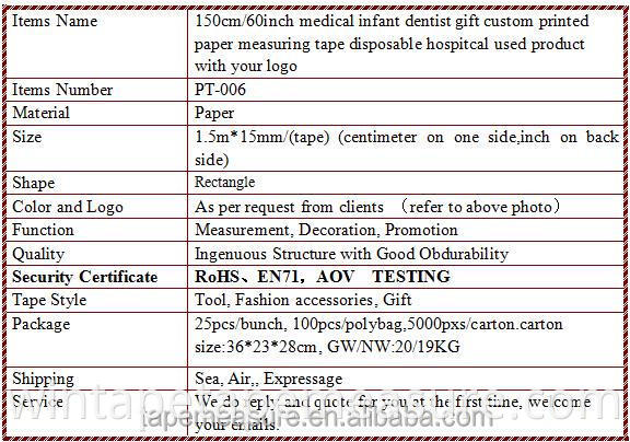 150cm / 60inch medizinisches Säuglingszahnarztgeschenk individuell bedrucktes Papiermaßband Einwegkrankenhaus verwendet